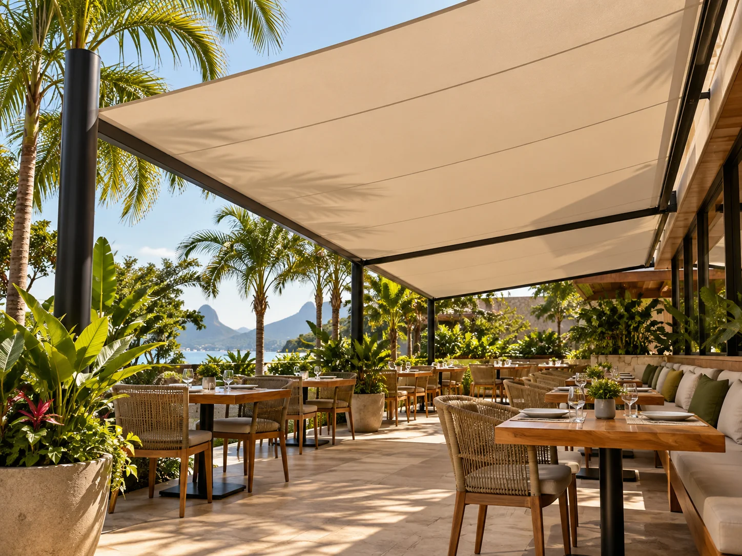 Cobertura de lona tensionada sobre uma área externa de restaurante