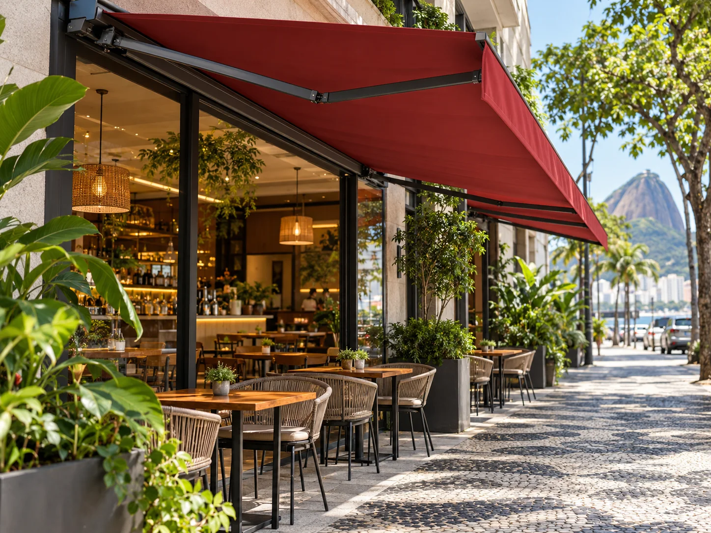 Toldo retrátil de lona vermelha instalado sobre a fachada de um café