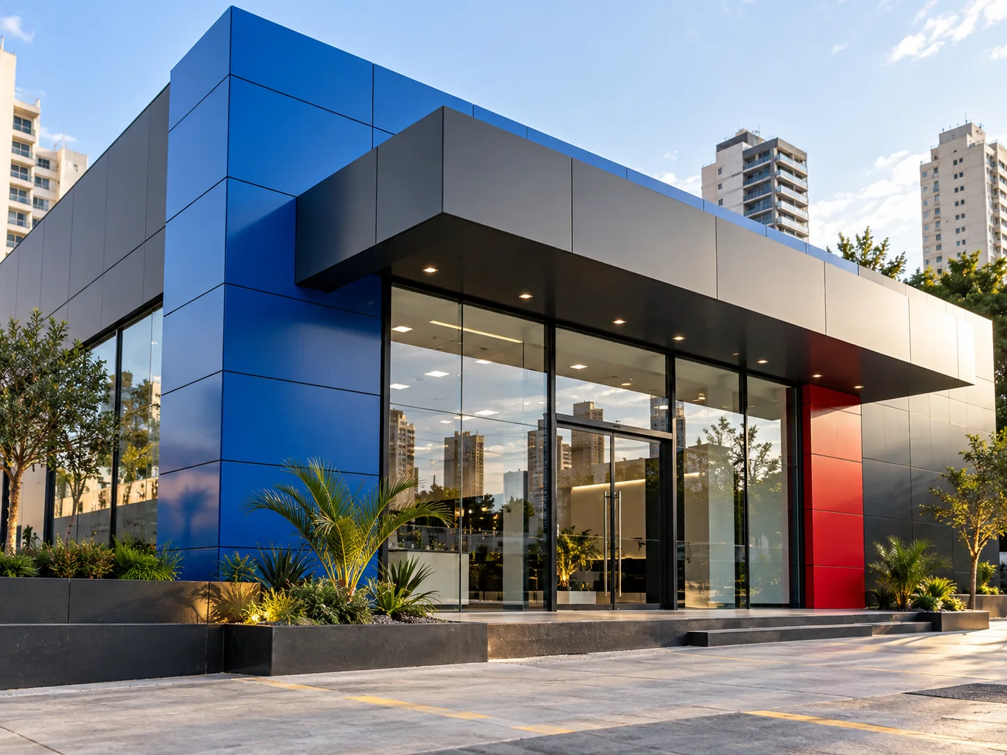 Fachada comercial contemporânea revestida com painéis de ACM azul e grafite